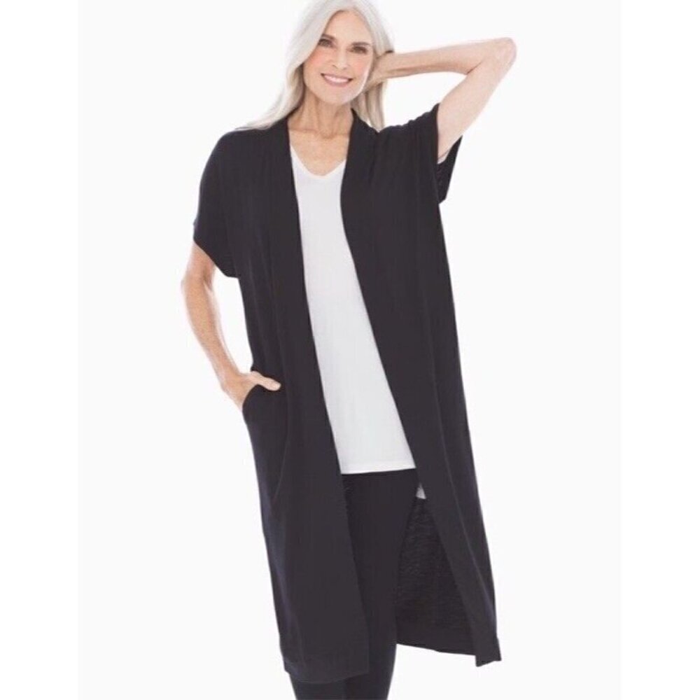 Soma Woman's Sz M Soft Slub Terry Duster in Black Open Front Long Short Sleeve